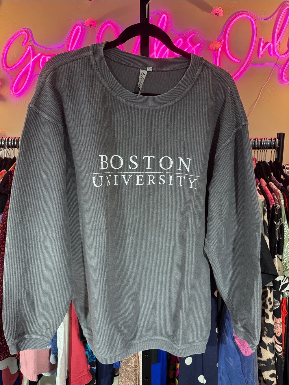Boston University Gray Ribbed Crewneck Sweatshirt L